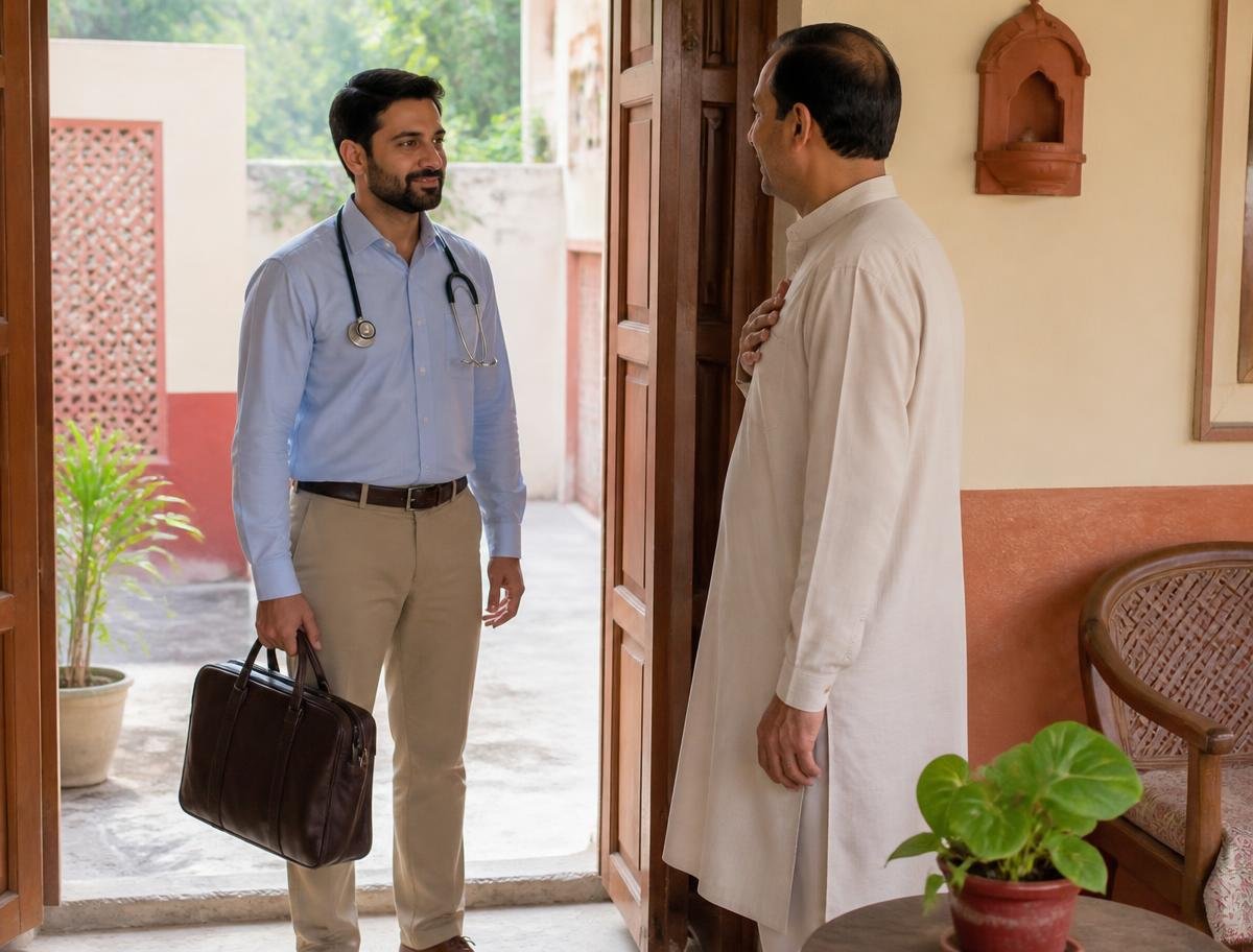 A doctor with a medical bag greeted at the doorway of a home for a scheduled visit
