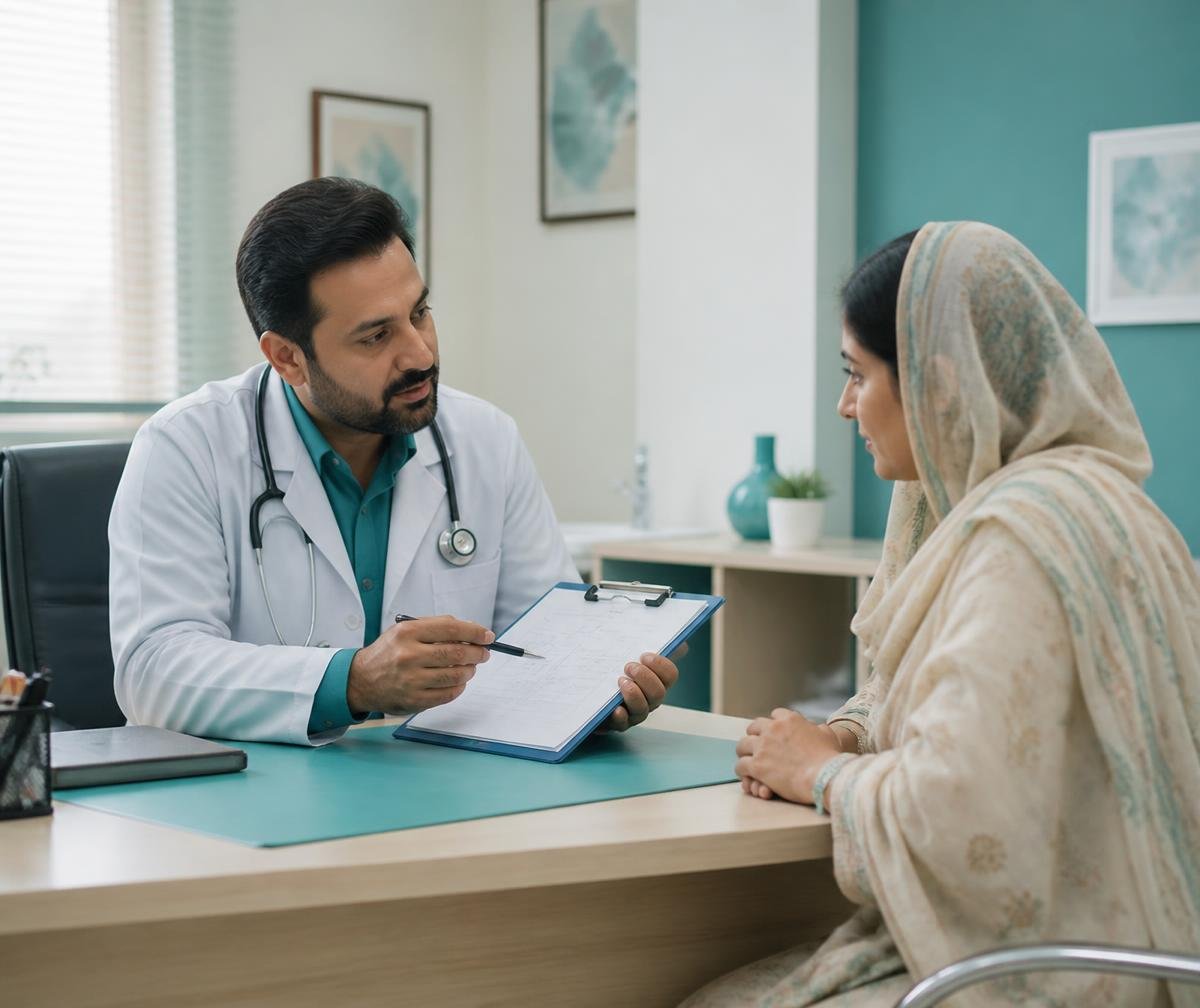 A general practitioner explaining a written care plan to a patient in a bright clinic room