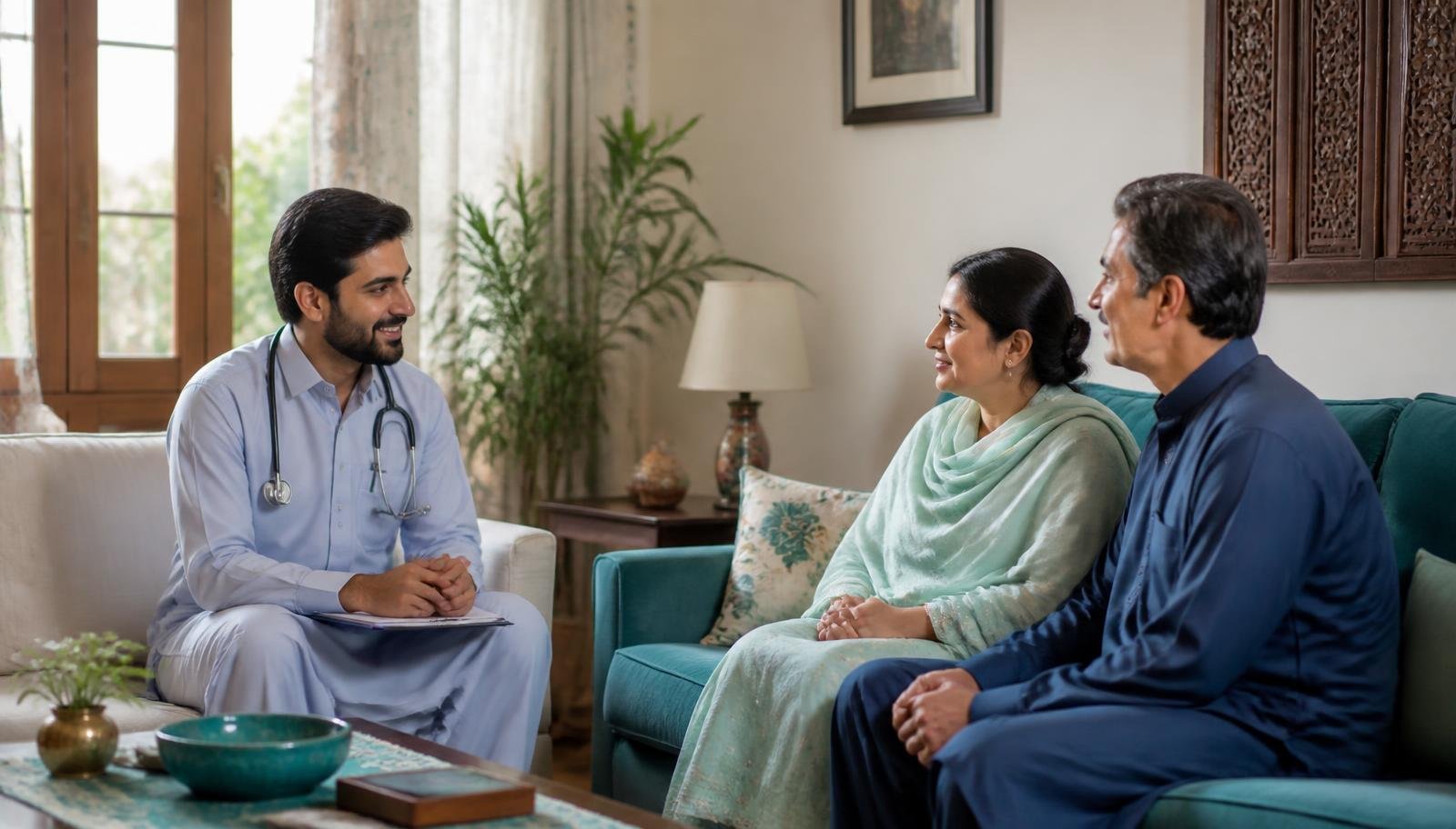 A general practitioner speaking with a couple during a home consultation in Lahore