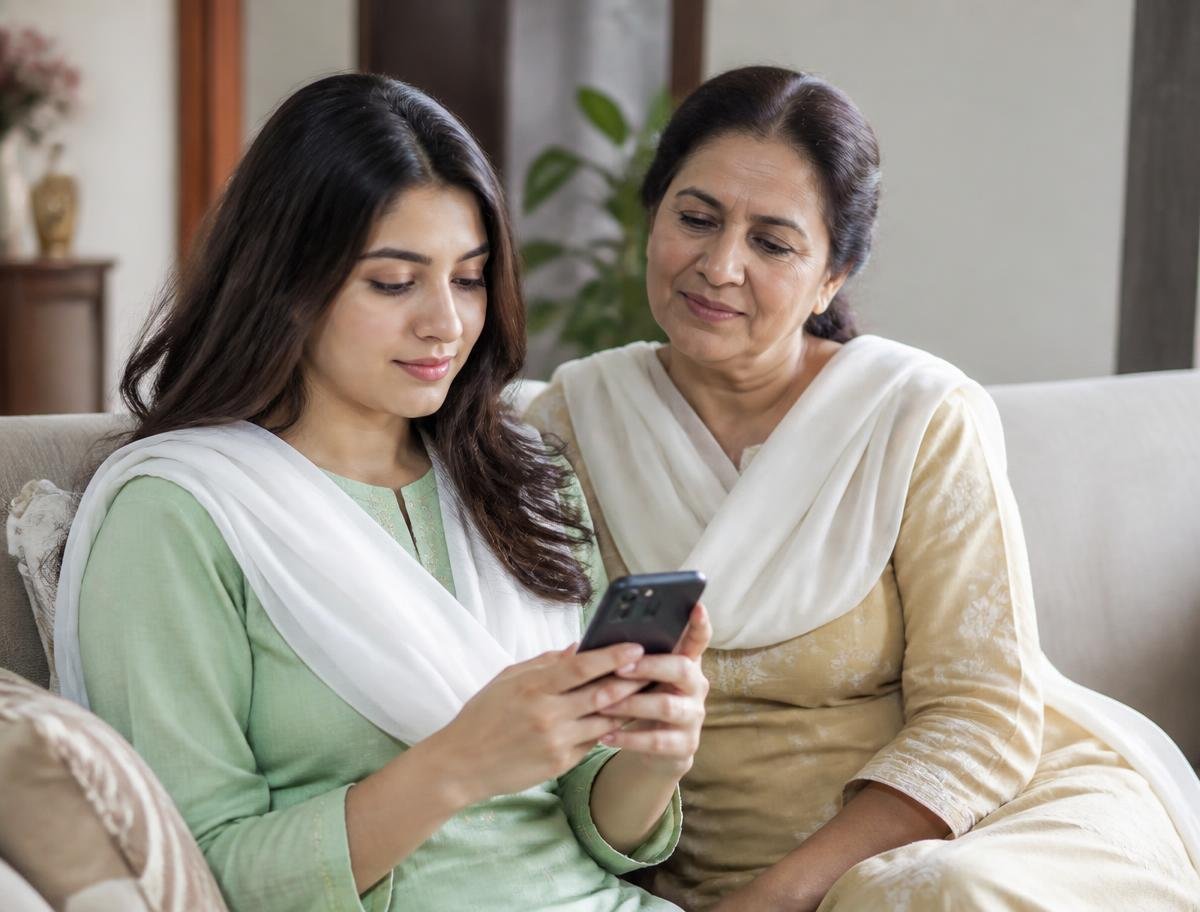 A woman at home using her phone to send an appointment request while an older relative sits beside her