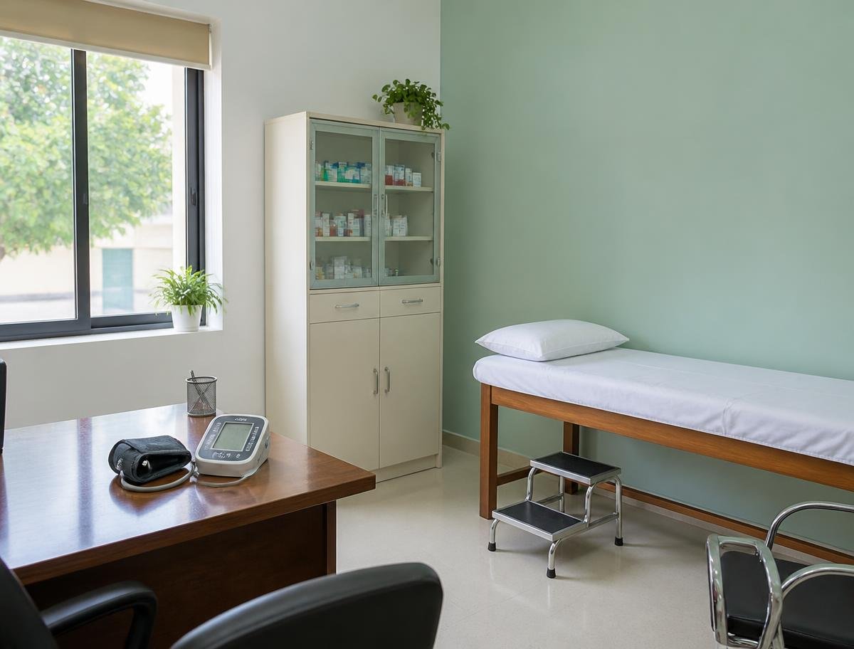 A clean general-practice consultation room with an examination couch and blood pressure monitor