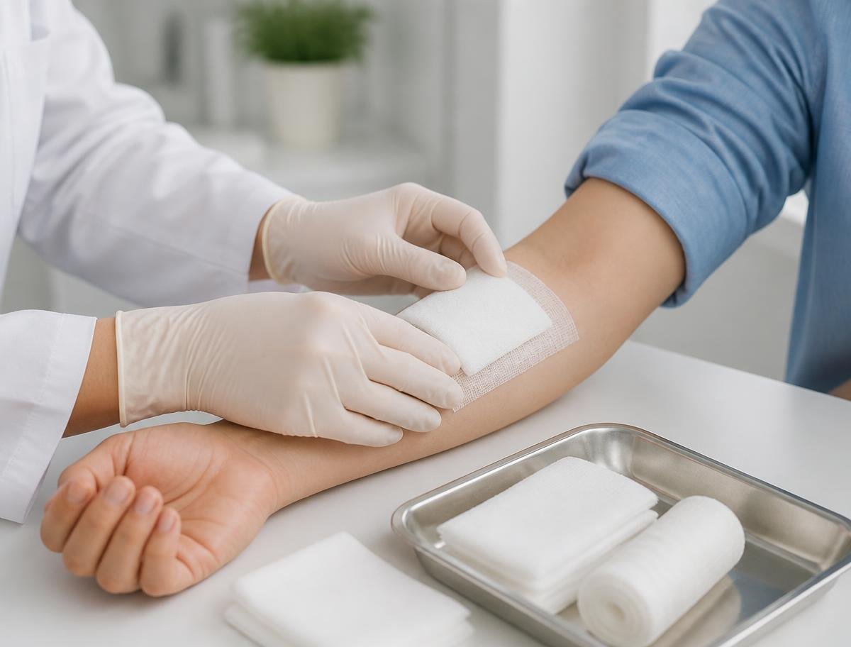 Gloved hands applying a clean gauze dressing to a patient's forearm at a clinic table